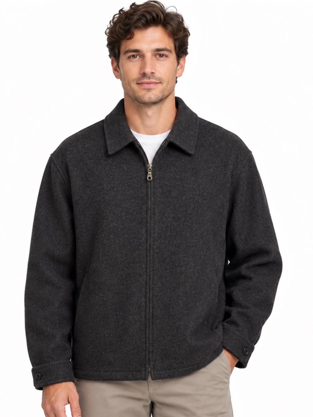 Vintage Y2K Mens 100% Pure New Wool Zip Woolmark Jacket Charcoal Gray Brandini